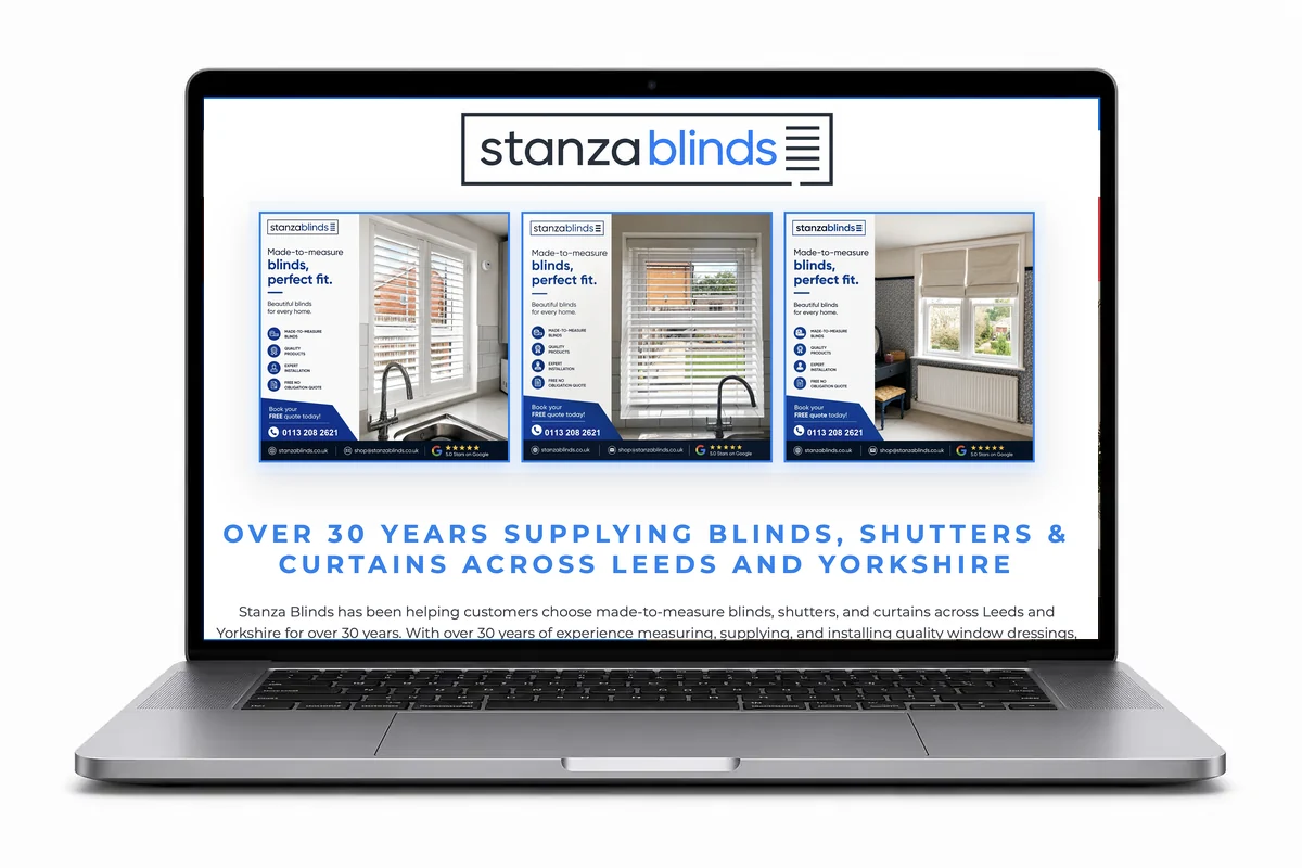 Laptop showing the Stanza Blinds website